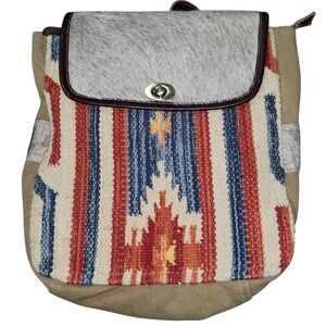 Myra Southwest Aztec Red and Tan Cowhide and Canvas Backpack.